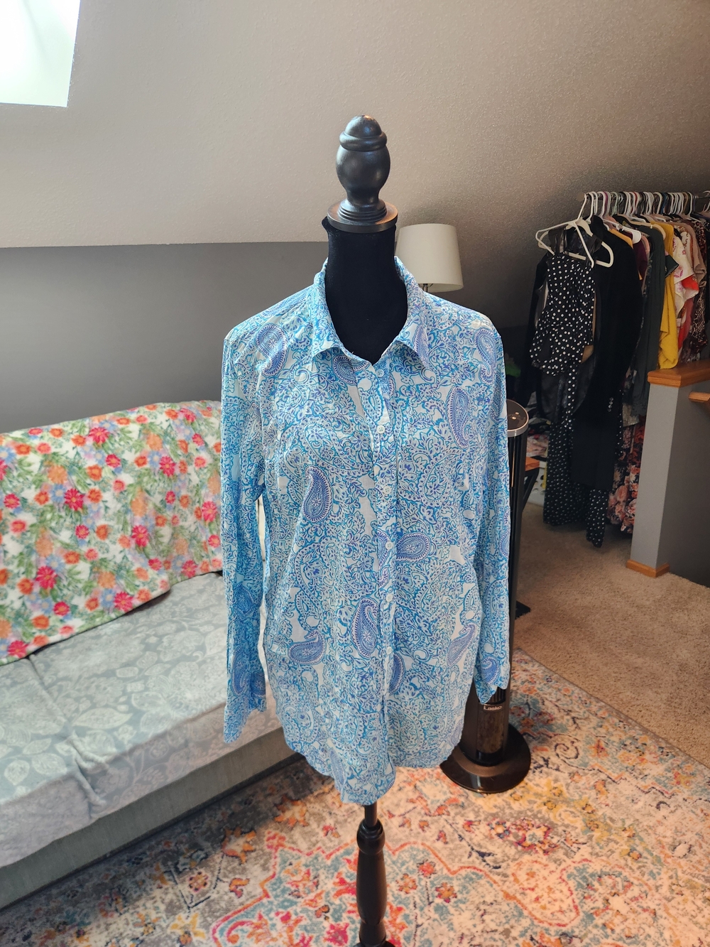Talbots Blue Paisley Button-Down Long Sleeve Shirt 100% Cotton Large